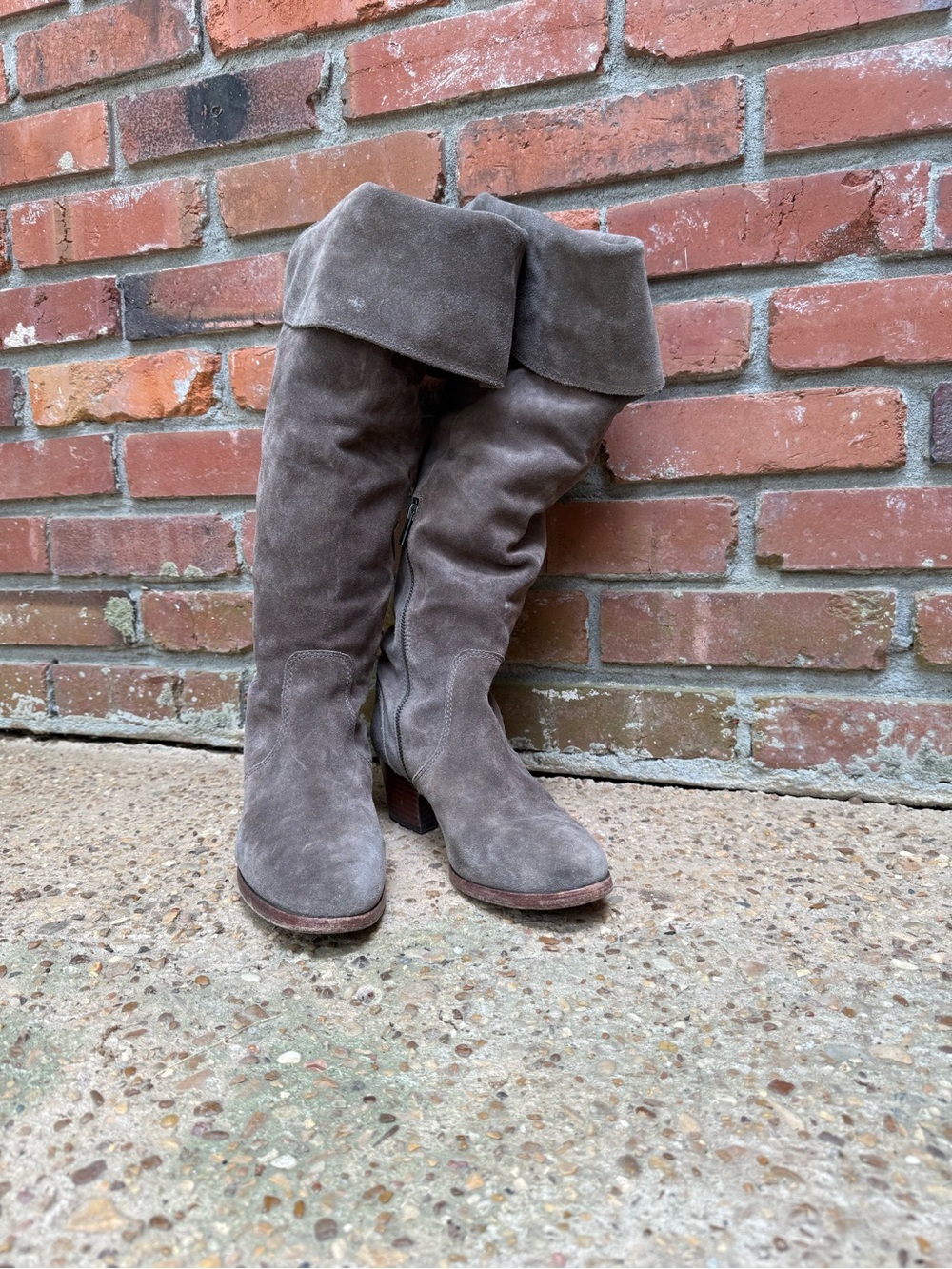 Frye Fold-Over Over-the-Knee Suede Boots in Taupe